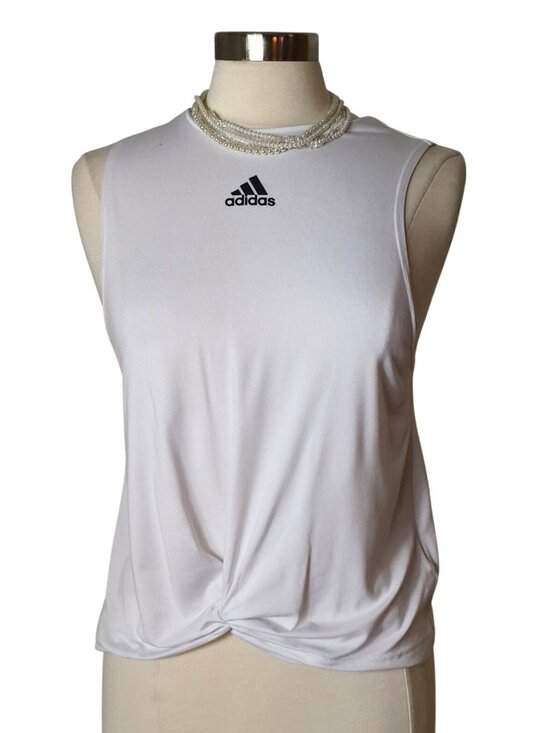 adidas Tops - Adidas Womens S Tank Top Twist Front White Chic Sporty Muscle Logo Athlesiure